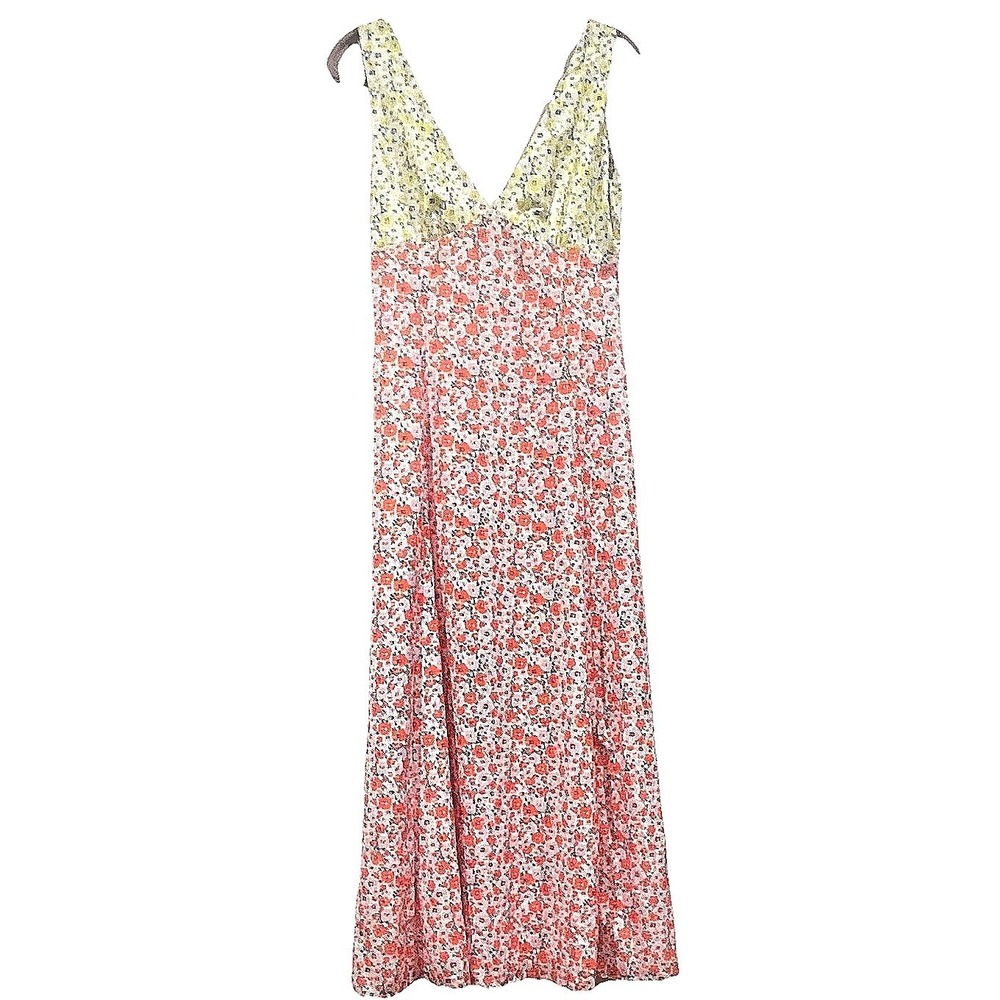 Mixed Floral V-Neck Maxi Dress Pink Yellow Orange Ditsy Print Sleeveless Empire